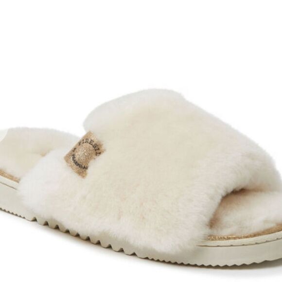 Fireside By Dearfoams Cairns Genuine Shearling Slide Slipper-Metallic Suede Trim - Picture 4 of 11
